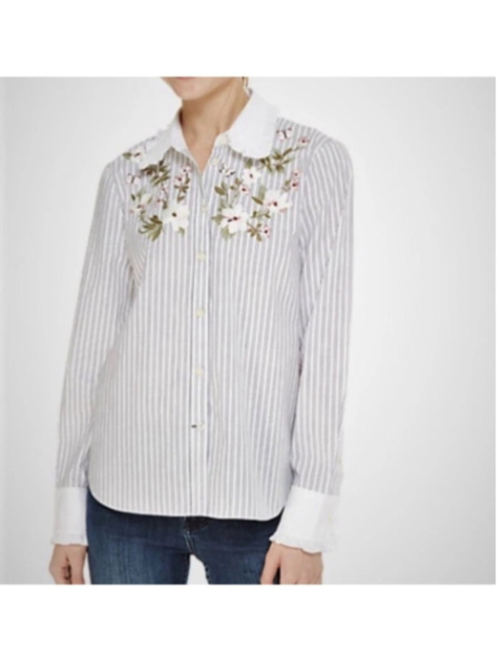 Kate Spade button front Ruffle Striped Embroidered Shirt preppy soft girl sz sm